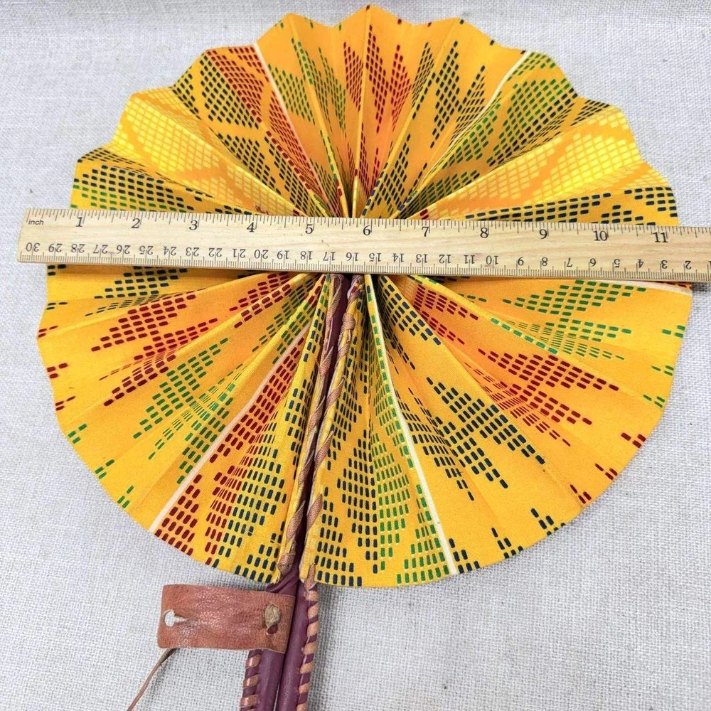 African Kente Print Folding Fan Yellow Leather Handle Handcrafted Circular Fan